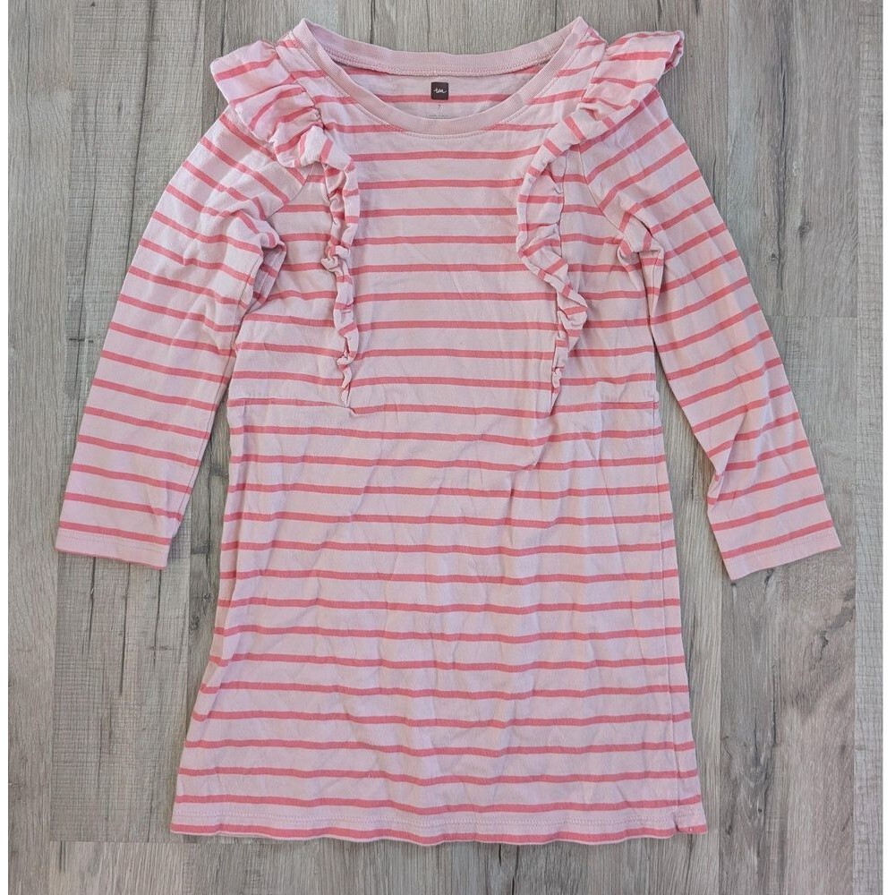 Tea Pink Ruffled Trim Long Sleeve Dress Girls 7 (k8)